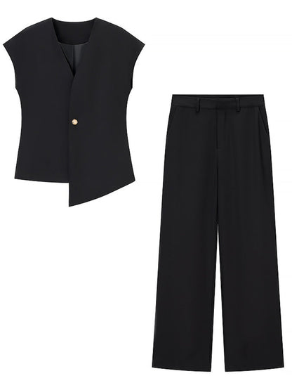 V-neck Buttons Jacket Wide-leg Pants Set Commuting 2-piece Sets