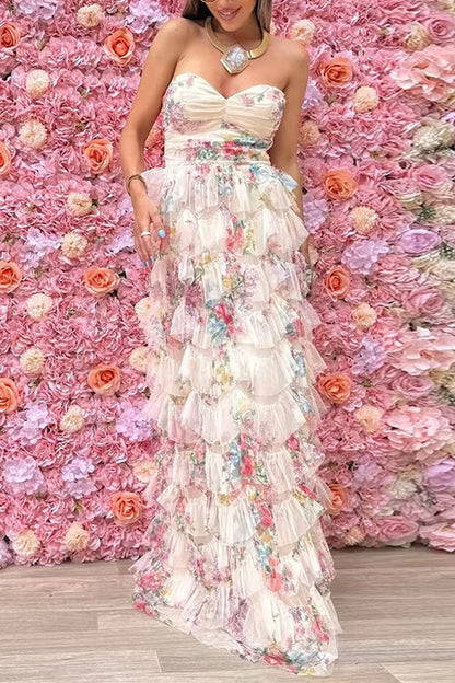 Strapless Floral Print Ruffle Layered Maxi Dress