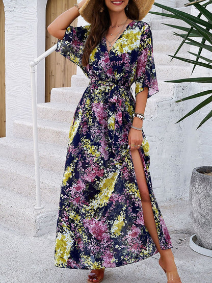 Printed Straps V-neck Short Sleeve Slit Maxi Dresses