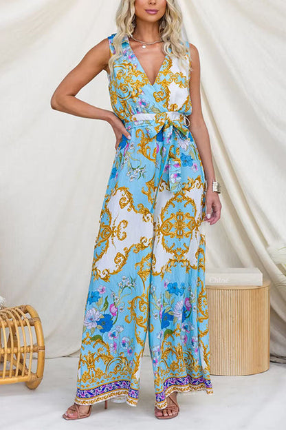 V Neck Sleeveless Bow Waist Floral Print Wide Leg Jumpsuit