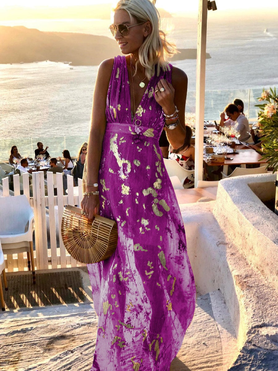 Printed Gathering Hot Stamping V-neck Sexy Maxi Dresses