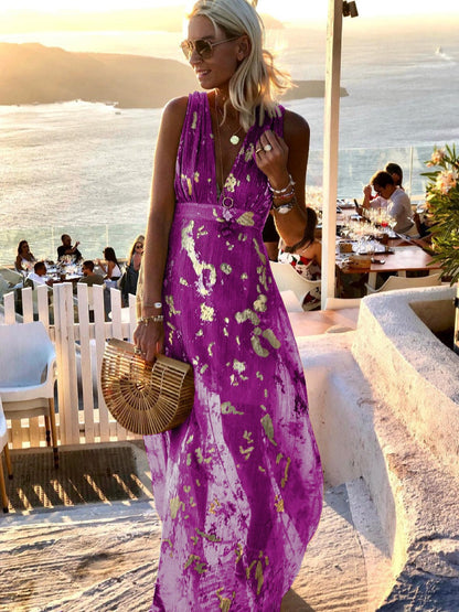 Printed Gathering Hot Stamping V-neck Sexy Maxi Dresses