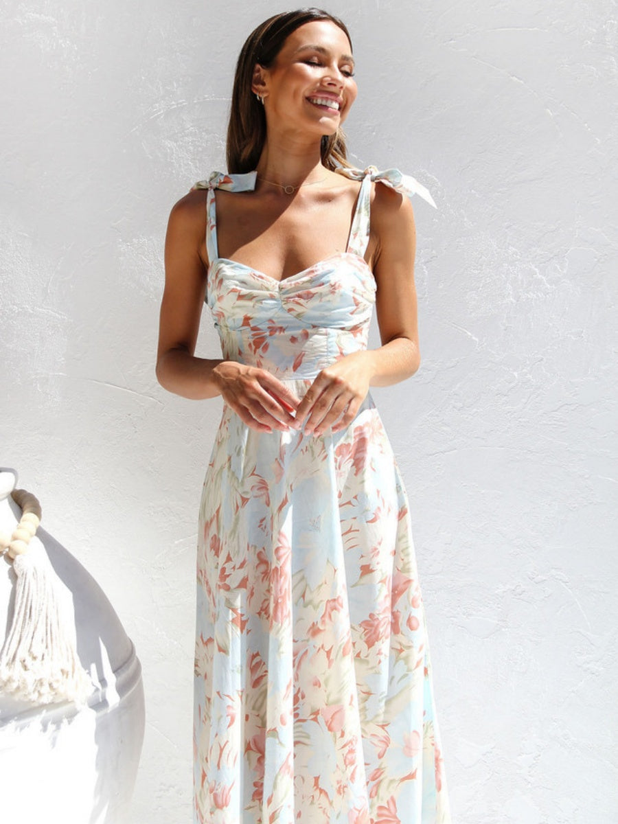 Waist V-neck Bandage Camisoles Printed Vacation And Leisure Maxi Dresses