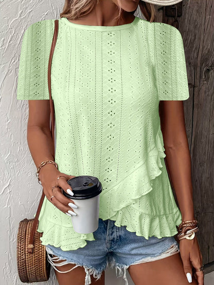 Jacquard Hollow Out Ruffle Crew Neck Short Sleeve T-shirts