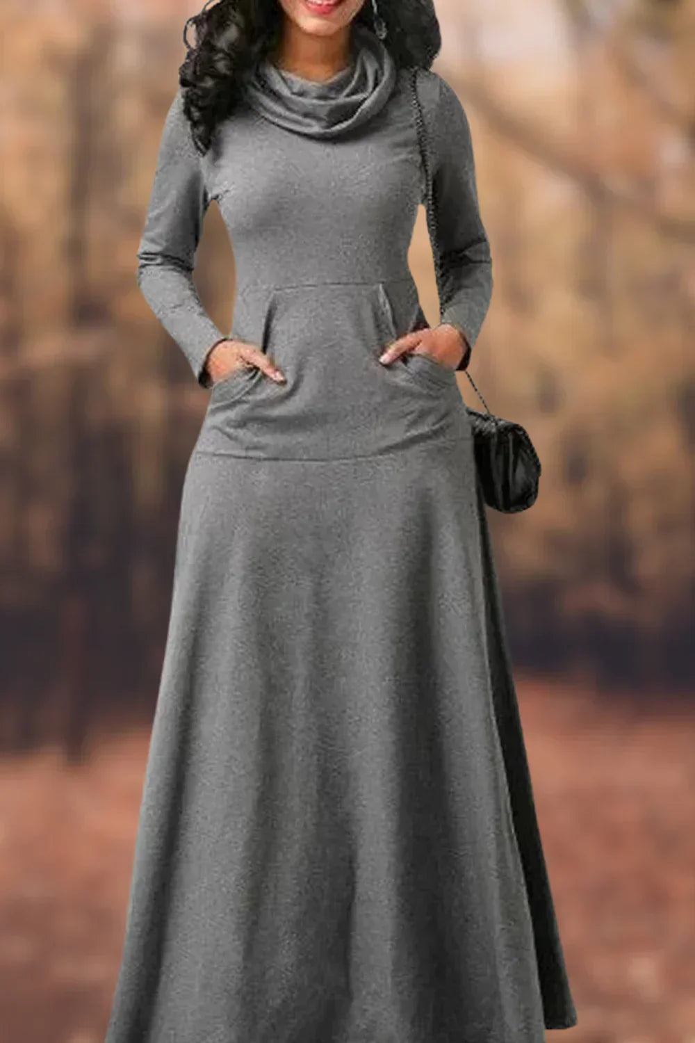 Cowl Neck Long Sleeve Kangaroo Pocket Jersey A-Line Maxi Dress