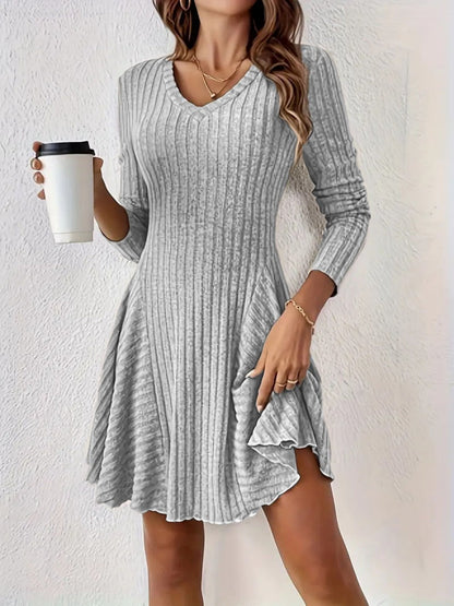 Pit Strip Knitting V-neck Long Sleeve Long Skirt Mini&Short Dresses