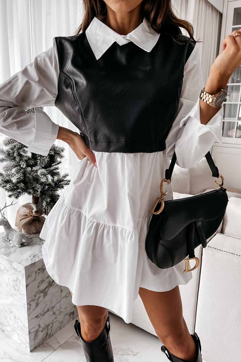 Collared Shirt Sleeve Faux Leather Panel Tiered Ruffle Mini Dress