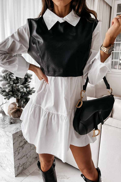Collared Shirt Sleeve Faux Leather Panel Tiered Ruffle Mini Dress