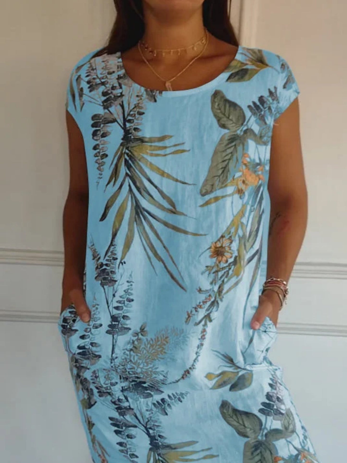 Printed Cotton And Linen Pocket Crew Neck Short Sleeve Mini&Short Dresses