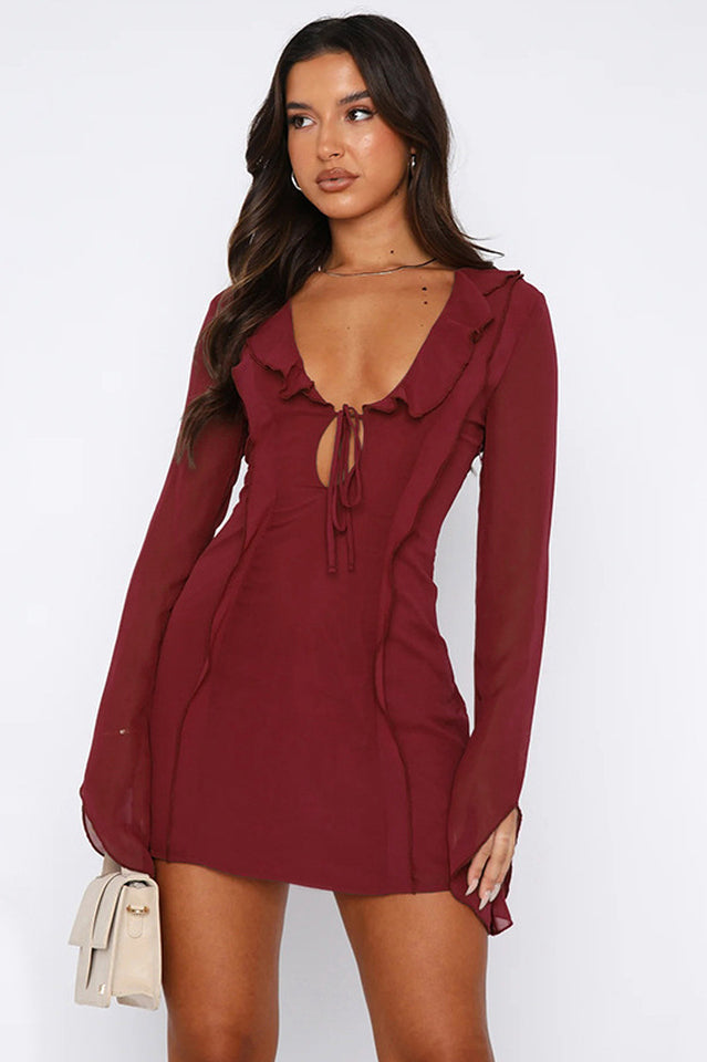 Ruffle Trim Tie Front Keyhole Deep V Neck Long Bell Sleeve Chiffon Mini Dress