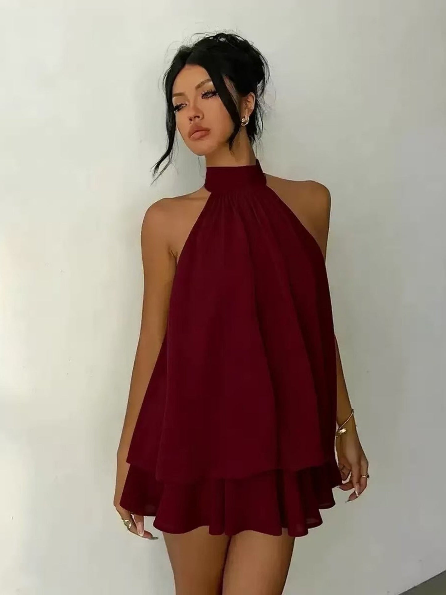 Neck Strap Backless Ruffle Mini&Short Dresses