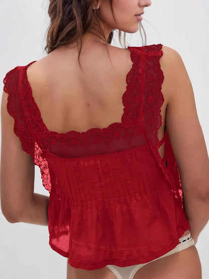 Lace Trim Square Neck Tie Tank Tops&Camis