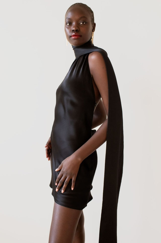 Halter Cowl Back Cross Strap Satin Mini Dress