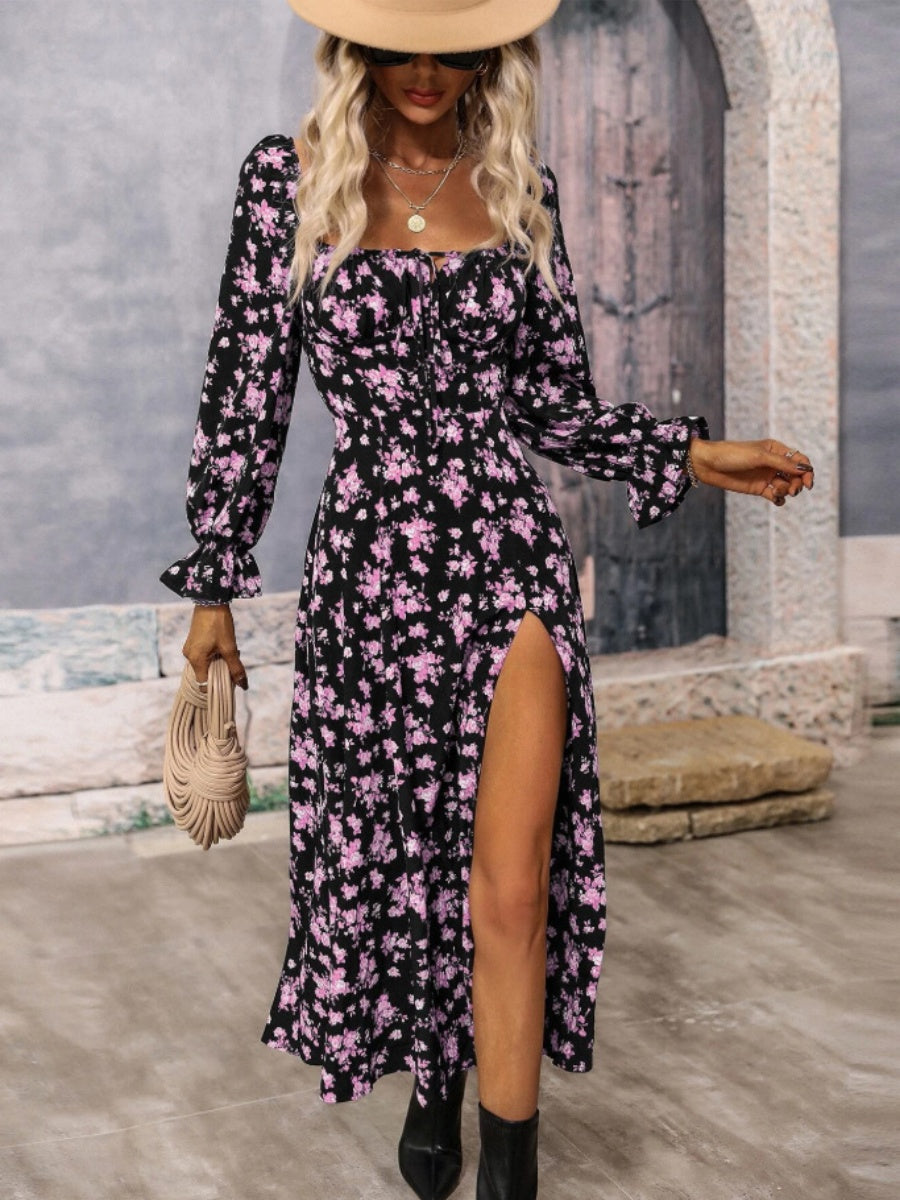 Floral Long Sleeve Square Collar Slit Vacation And Leisure Maxi Dresses