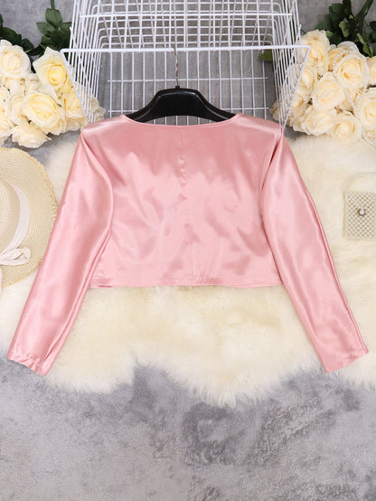 V-neck Long Sleeve Side Straps Silk Chiffon Blouse
