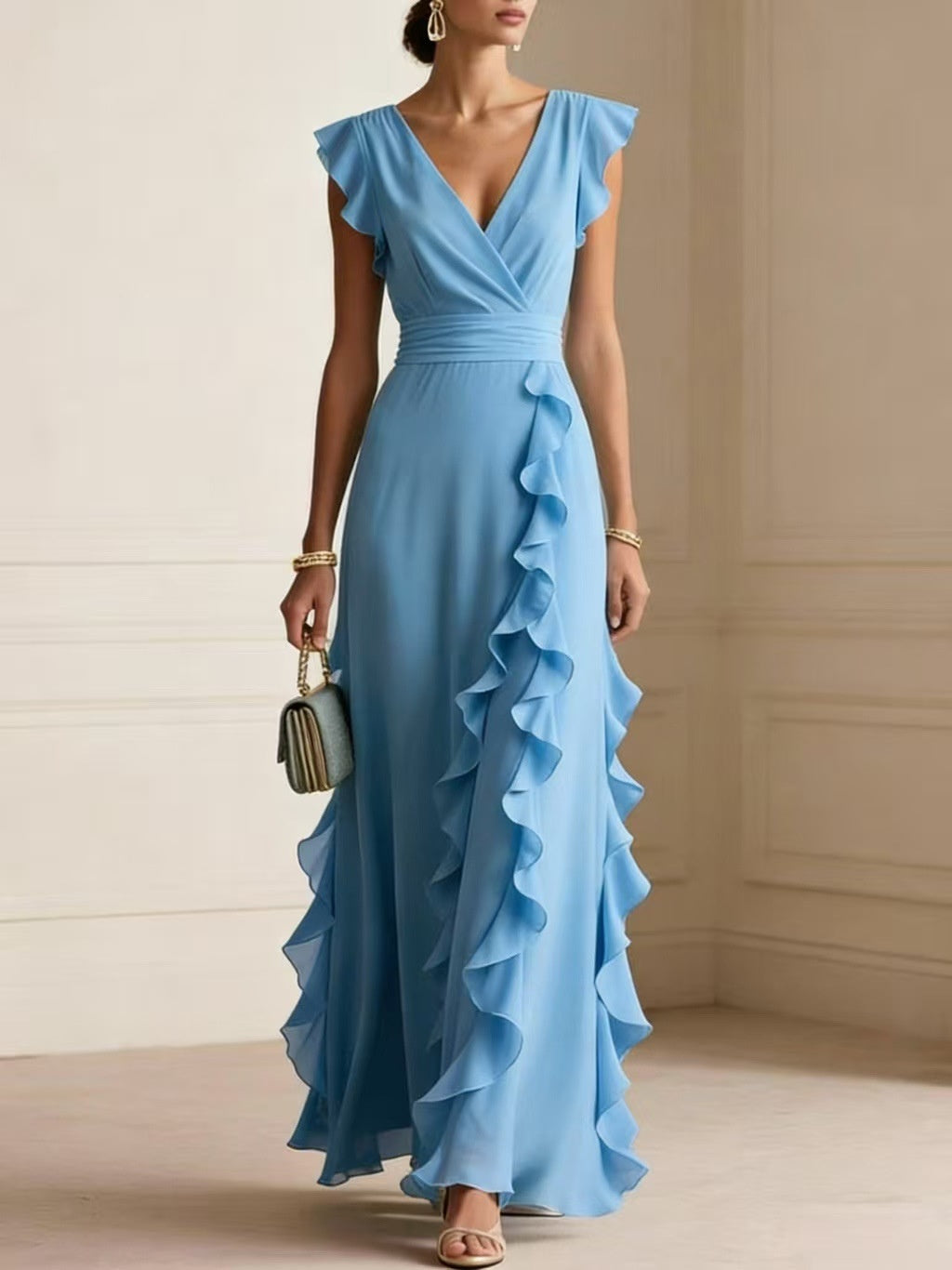 Solid Color Pleated Short Sleeve V-neck Chiffon Long Dress