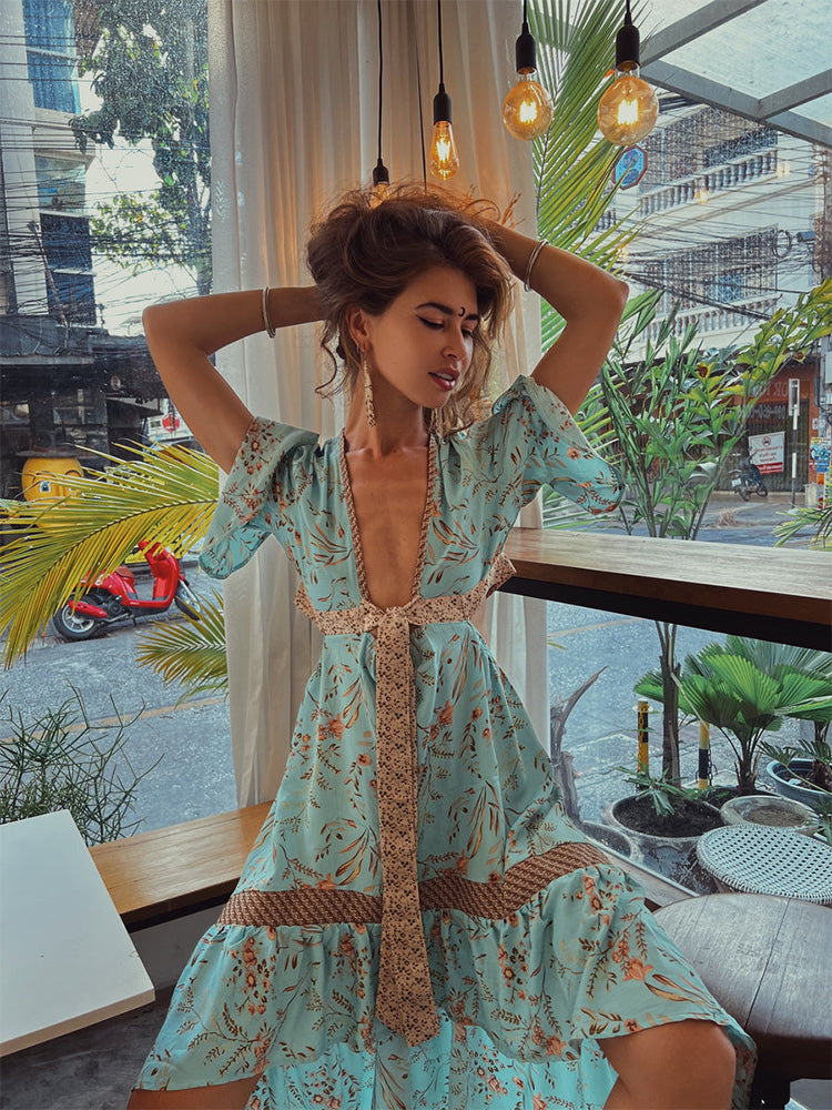 Deep V Neck Floral Print High Low Ruffle Lace Insert Maxi Dress