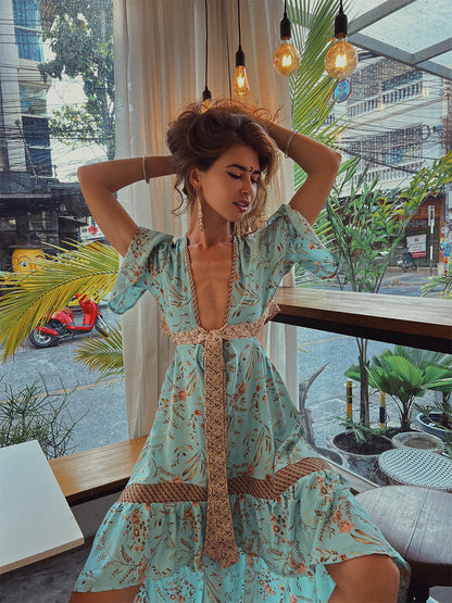 Deep V Neck Floral Print High Low Ruffle Lace Insert Maxi Dress