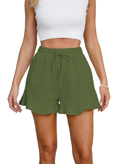 Ruffle Elastic Waistband Drawstring Cotton And Linen Shorts