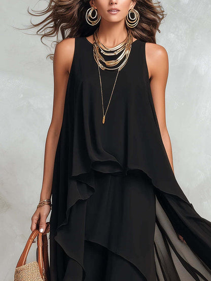 Black Sleeveless Asymmetrical Chiffon Maxi Dress
