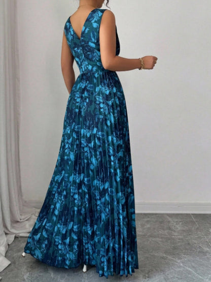 Sexy Deep V-neck Sleeveless Floral Print Maxi Dress With Slit Hem And Pleats