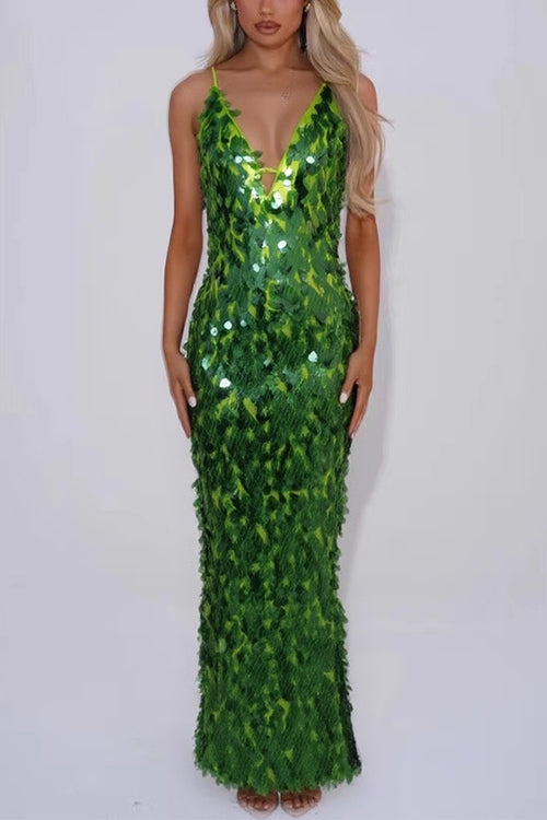 Margovil V Neck Cut Out Sequin Bodycon Maxi Cami Party Dress