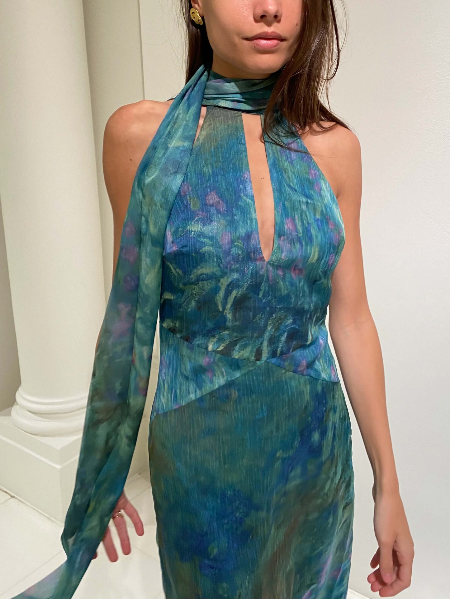 Halter Scarf Neck Keyhole Plisse Print Maxi Dress