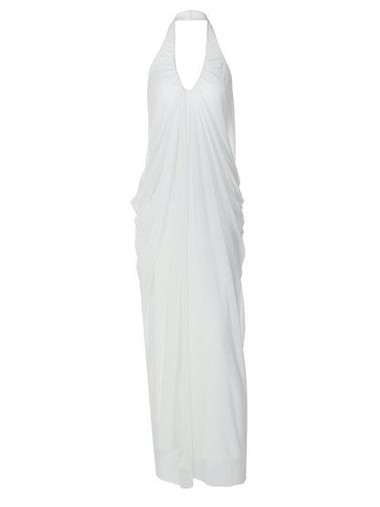 Loose-fitting, Backless, Sleeveless, V-neck, Pleated Halter-neck Mesh Long Dress