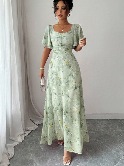 Floral Lotus Leaf Sleeves Sweetheart Collar Vacation And Leisure Maxi Dresses