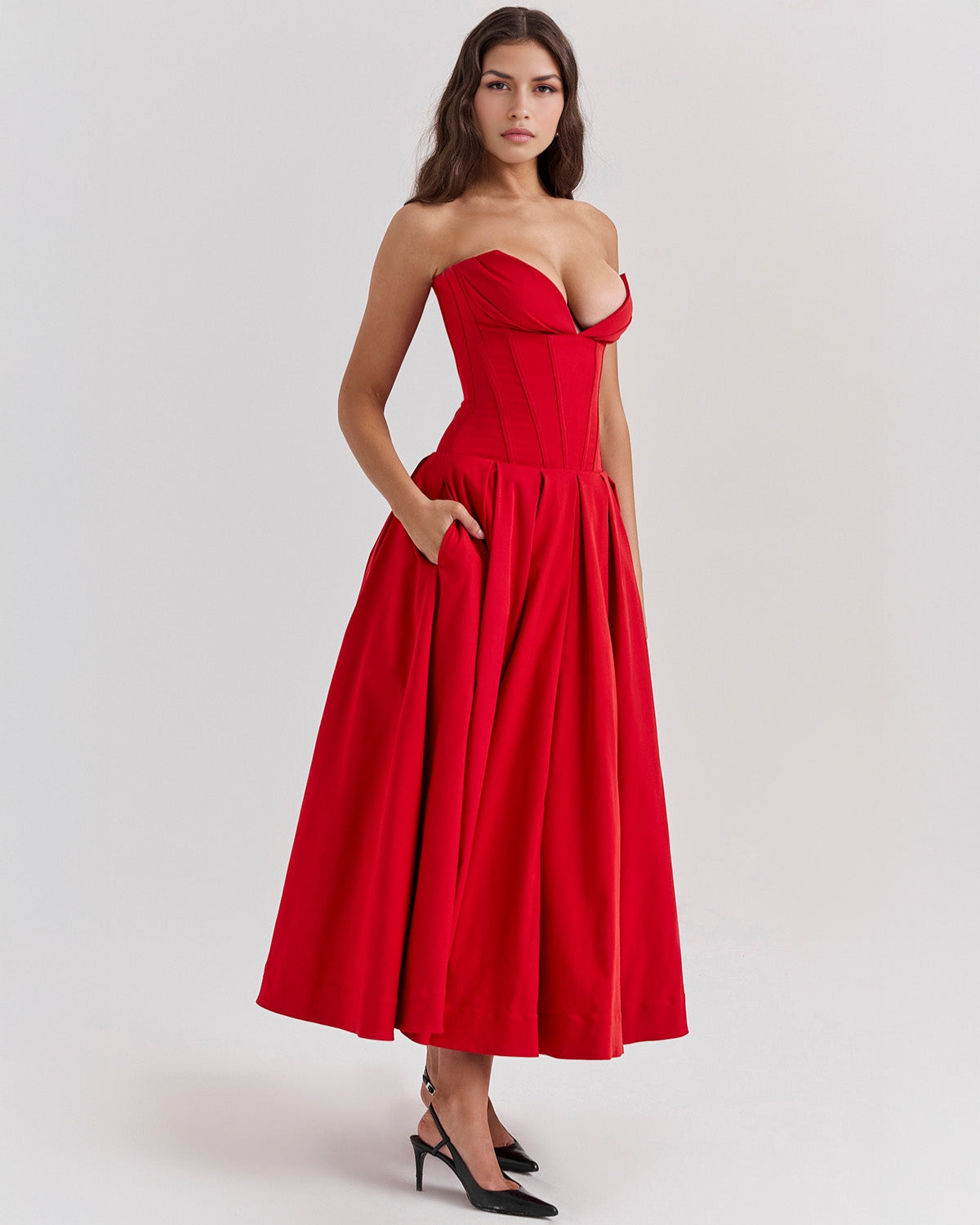 Strapless Corset Sweetheart Neckline Box Pleat A-Line Midi Dress