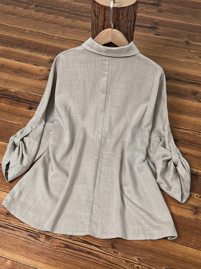 Three-quarter Sleeve Cotton Linen V-neck Loose Button T-shirt