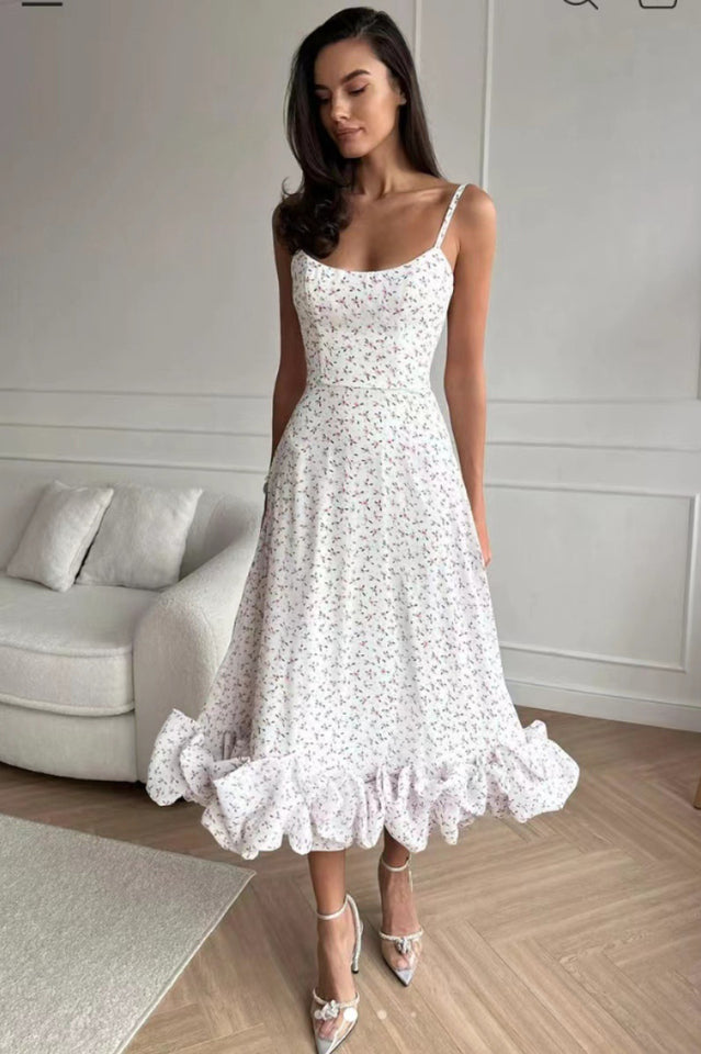 Corset Bustier Scoop Neck Spaghetti Strap Flounce Hem Midi Dress