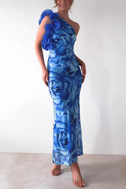 Margovil Ruffle One Shoulder Floral Print Bodycon Maxi Dress