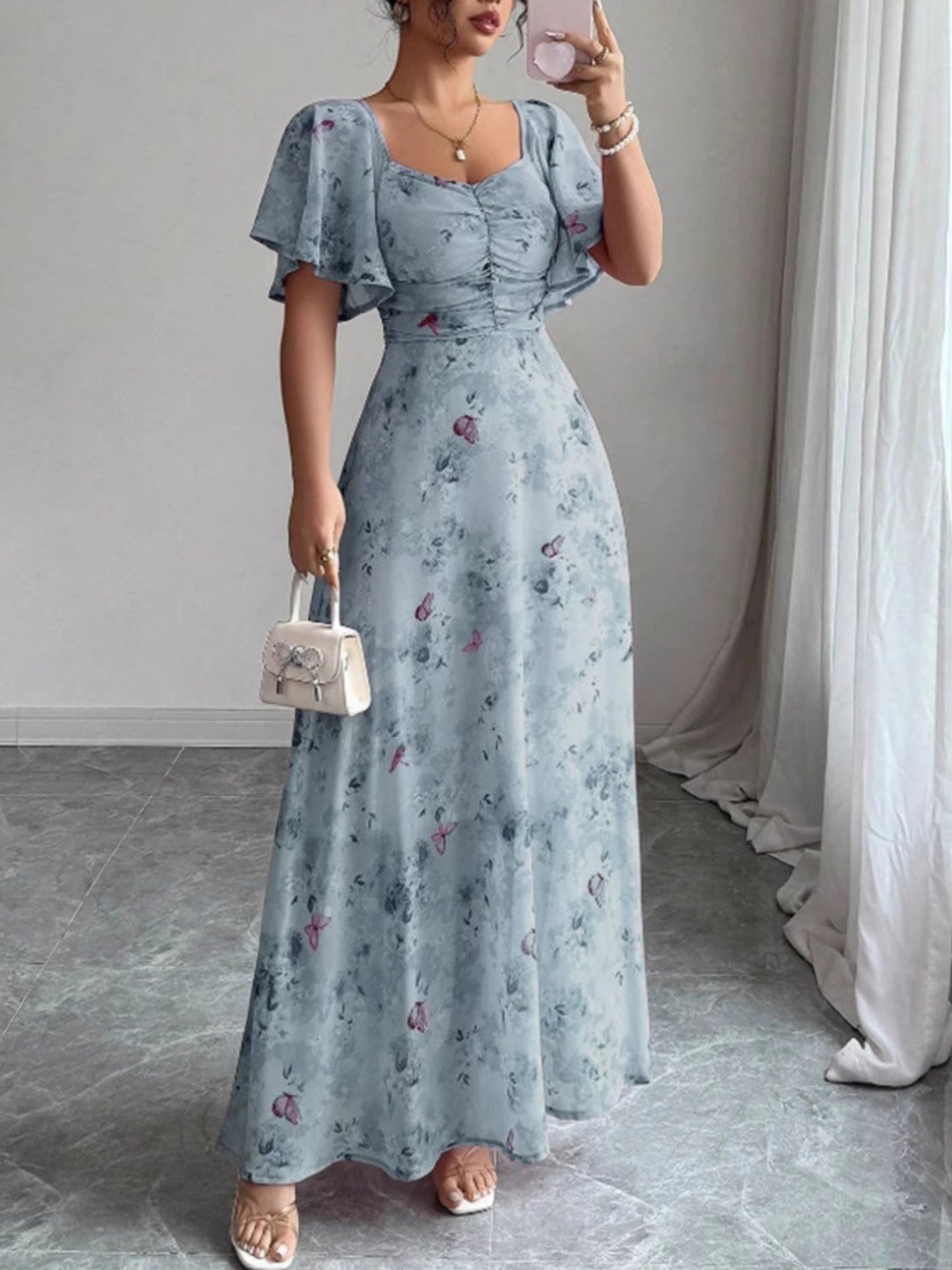 Butterfly Print Lotus Leaf Sleeves Pleated Slim Fit Maxi Dresses