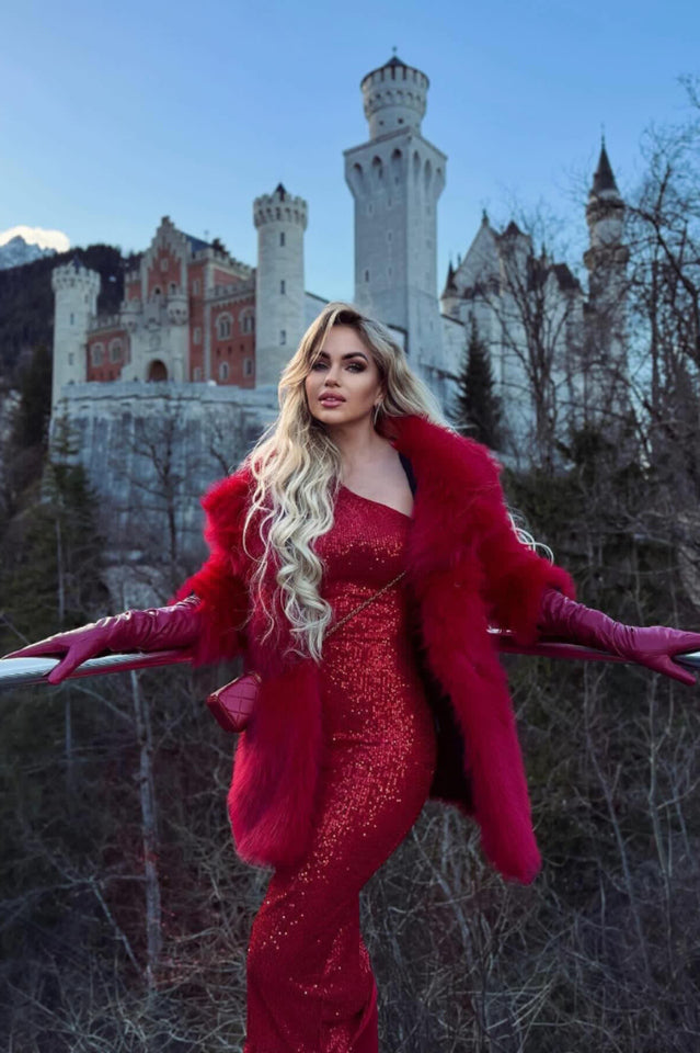One Shoulder Rosette Detail Long Sleeve Sequin Midi Dress