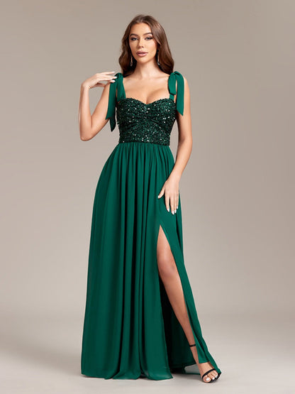 Sequins And Glitter Bandage Chiffon Slit Formal Dress Maxi Dresses