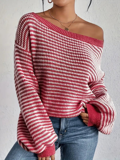 Stripes Off-the-shoulder Neckline Color Matching Knitted Sweater
