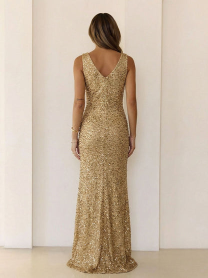 V-neck Sequins Slit Banquet Formal Dress Parties Maxi Dresses