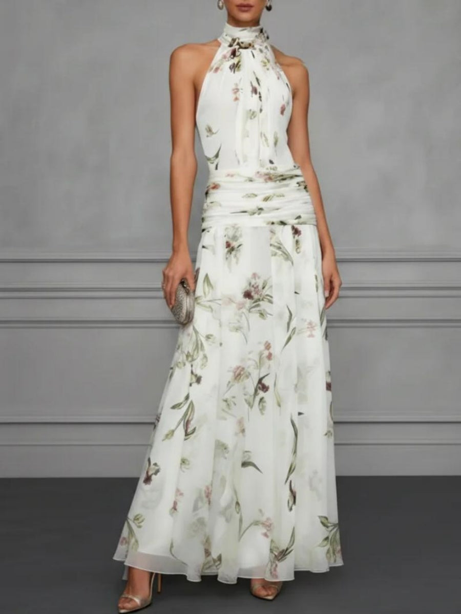 Halter Printed Temperament Waist Parties Maxi Dresses