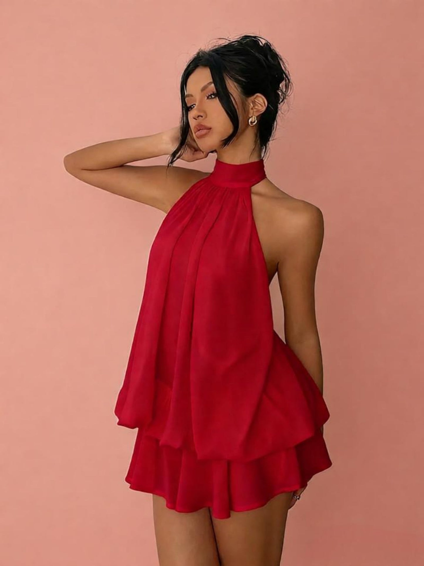 Chiffon Ruffle Halter Neck And Backless Mini&Short Dresses