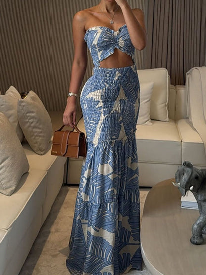Lace Up Printed Hollow Bare Waist Exclusive Maxi Dresses