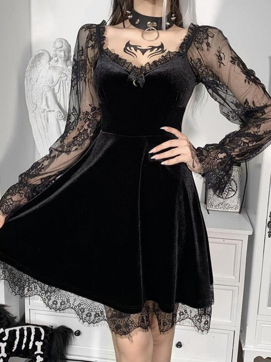 Lace Velvet Long Sleeve Midi Dresses