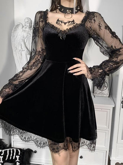Lace Velvet Long Sleeve Midi Dresses