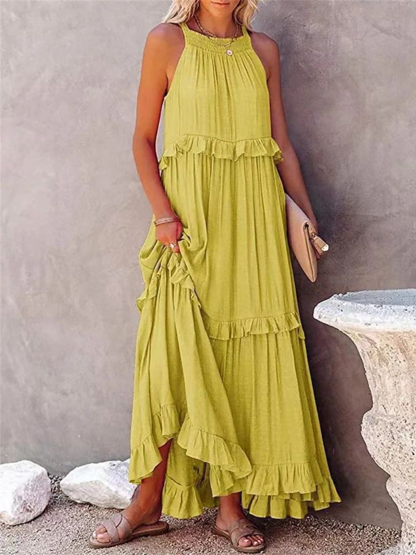 Ruffle Pleated Large Skirt Sleeveless Maxi Dresses