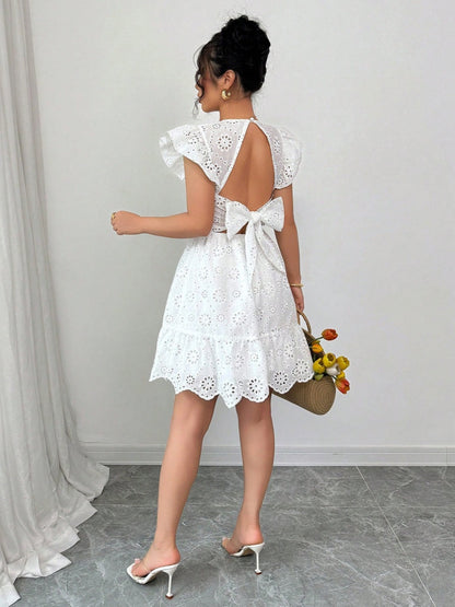 Chain Link Geometric Patterned Wood Ear Trim Mini&Short Dresses
