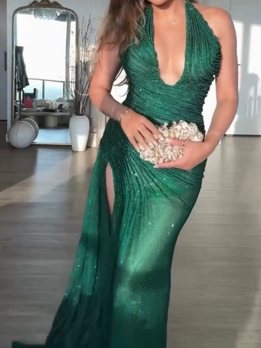 Sequins Gathering V-neck Halter Slit Parties Maxi Dresses