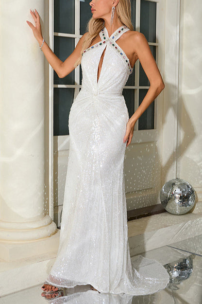 Jewel Trim Criss Cross Halter Keyhole Sequin Maxi Gown