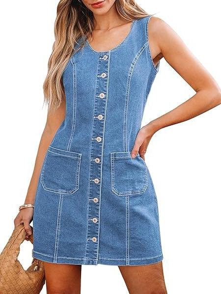 Sleeveless, Fitted Denim Button-down Short Dress With Patch Pockets