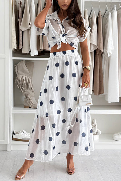 Lapel Button Up Short Sleeves Polka Dot Top