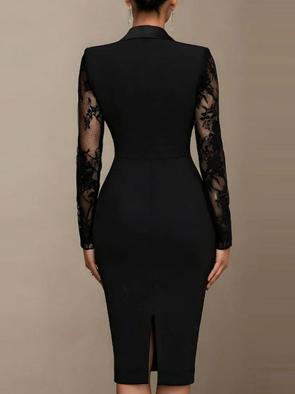 Lace Stitching Mesh Lapel Waist Suit Mini&Short Dresses